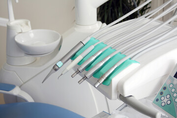 Fototapeta na wymiar Dentist's instruments in dental clinic.Shallow depth of field, nobody