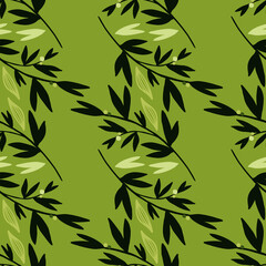 Botanic seamless pattern with black branches on green background.
