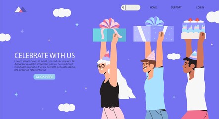 Group of business people our employees walking with presents and cake and celebrating company anniversary, having birthday or new year and christmas party with gifts. Concept of Holiday celebration.