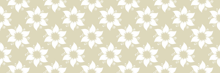 White floral seamless pattern on olive green background