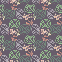 Abstract pattern in dark pastel tones. Purple background and green, blue and pink spirals.