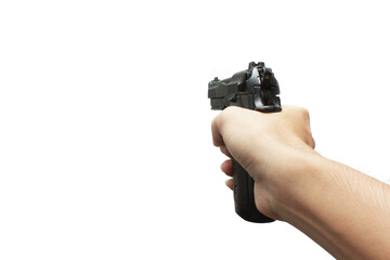 Pistol handgun weapon in hand in first person view isolated on white background