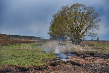 Peat fields burn, smolder, in the afternoon