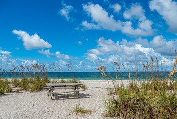 Picnic table on beach at Stump Pass State Park on the Gulf of Mexico in Englewood  in Southwest...