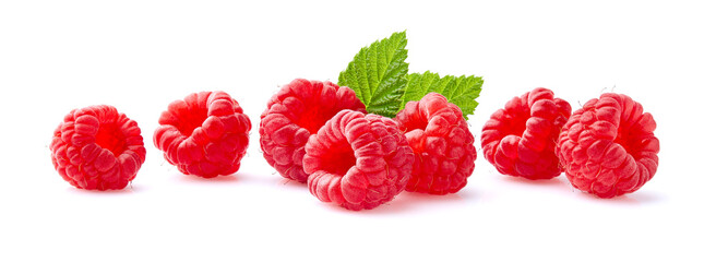 Juicy raspberries in closeup on white background