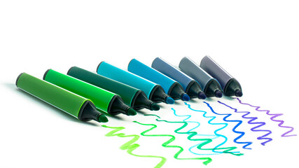 Multi-colored felt-tip pens on a white background. Tools for drawing and creativity. Bright colors. School supplies. opy space. Isolated background