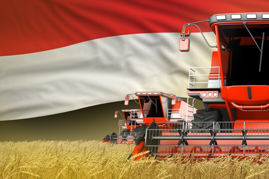 3 red modern combine harvesters with Yemen flag on rye field - close view, farming concept - industrial 3D illustration