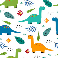 Dinosaur with leaves Seamless pattern cute cartoon animal background Hand drawn in child style