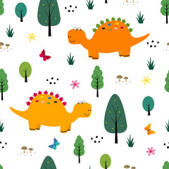 Dinosaur pattern seamless background cartoon cute animals and nature Hand drawn in child style