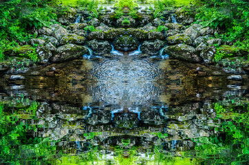 Waterfall in four streams with big stones near the water, all reflected in the water