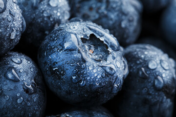 Blueberries close-up in full screen with dewdrops.