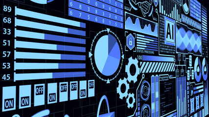 8K Futuristic detailed AI HUD including Digital Brain, Cloud computing, Database, Coding, and many digital elements in Blue Color with Abstract Background ver.2