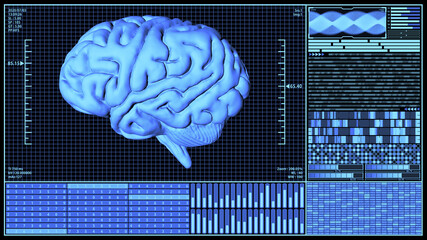 8K 3D Rendered Anatomical Brain Rotating in Futuristic Brain Analysis Technology HUD concept including many digital elements in Blue color ver.1 (full view)