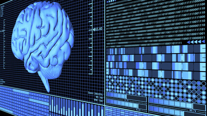 8K 3D Rendered Anatomical Brain Rotating in Futuristic Brain Analysis Technology HUD concept including many digital elements in Blue color ver.3