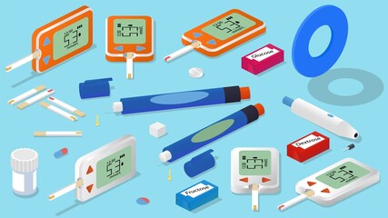 Isometric glucose monitoring set. Glucometer, insulin pen, test strips, lancet, pills, sugar cube and blue symbol for diabetes.