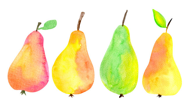 Watercolor pears set isolated on white background. Red, yellow and orange juicy fruit hand painting illustration.