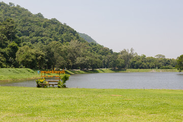 Fototapeta na wymiar Khao Ruak Reservoir at Namtok Samlan National Park in Saraburi Thailand is a reservoir that tourists come to relax or camping during the holidays 