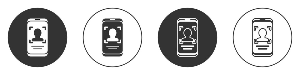 Black Mobile phone and face recognition icon isolated on white background. Face identification scanner icon. Facial id. Cyber security. Circle button. Vector.