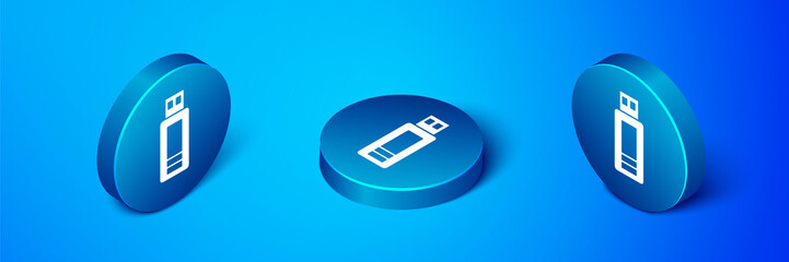 Isometric USB flash drive icon isolated on blue background. Blue circle button. Vector.