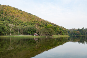Fototapeta na wymiar Khao Ruak Reservoir at Namtok Samlan National Park in Saraburi Thailand is a reservoir that tourists come to relax or camping during the holidays 