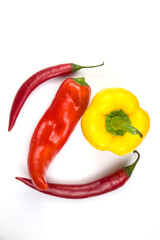 Red and yellow pepper. Sweet pepper. Capsicum. Top view. Isolate copyspace