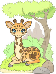 little cute giraffe lies on the grass, funny illustration