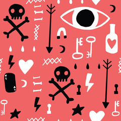 Red Black and White grunge doodle Seamless repeat pattern. Eye bottle key skull and crossbones.