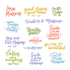 Big set with positive makeup and lashes lettering. Motivation and inspiration quotes for girls room, cards, wall decoration. Home and social networks decor with inspirational phrases.