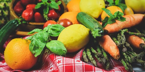 closeup of a rustic composition of fruit and vegetables