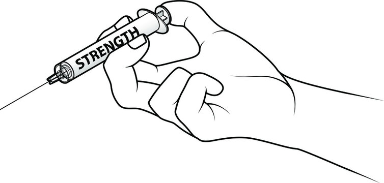 Hand holding a syringe. Concept: injecting strength.