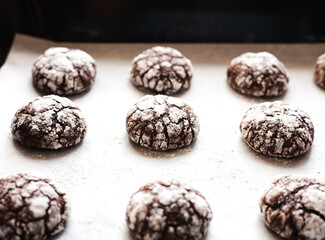 Chocolate cookies with powdered sugar on baking tray. Close-up.