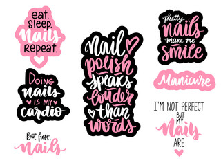 Handwritten lettering set about nails, nail polish and manicure. Phrases Collection for studio, manicure master, beauty salon