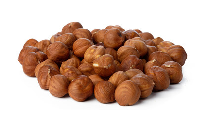 Heap of raw hazelnuts isolated on white