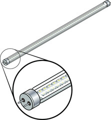 An LED tube "fluorescent" lamp with an array of LED elements. Inset shows magnified detail.