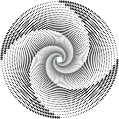 Abstract black tiny triangles. Spiral form. Geometric art. Halftone dots. Trendy design element for logo, tattoo, sign, symbol, web pages, prints, posters, template, pattern and abstract background