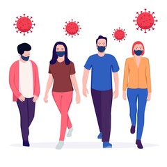 Group of people wearing medical mask illustration. social distancing during covid-19 pandemic
