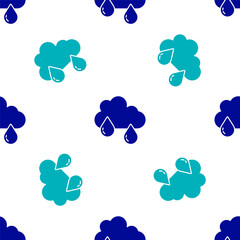 Blue Cloud with rain icon isolated seamless pattern on white background. Rain cloud precipitation with rain drops. Vector.