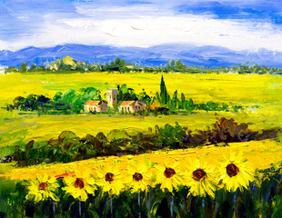 Peinture à l& 39 huile - Champ de tournesols, France