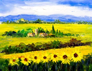 Foto op Canvas Olieverfschilderij - Zonnebloemveld, Frankrijk © CYC