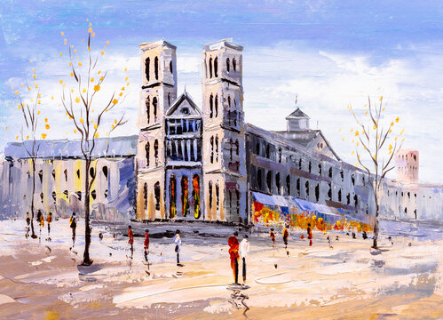 Oil Painting - Street View of Notre-Dame de Paris