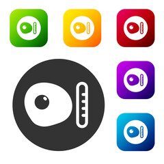 Black Traditional british breakfast, fried eggs with sausage icon isolated on white background. Set icons in color square buttons. Vector.