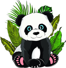 cartoon Panda with palm leaves vector illustration print