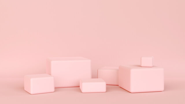 Minimalist blank scene with squares, modern graphic design, pastel pink colors, box shape display design. Pink empty room, geometric shapes, stands, empty walls, realistic 3d render illustration. © winvic