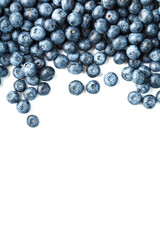 Tasty blueberries fruit are scattered on a white background. Frame