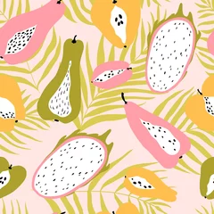 Muurstickers Seamless pattern with tropical fruits on the background of palm leaves dypsis. Modern vector illustration in pastel colors. Ideal for wallpapers, textiles, wrapping paper, packaging, fabric and more © Світлана Харчук