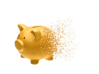 Disperse effect of one yellow piggy bank isolated on white.