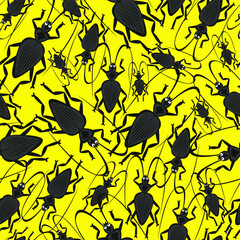 Seamless vector pattern of barbel beetles on a yellow background.   - 362923568