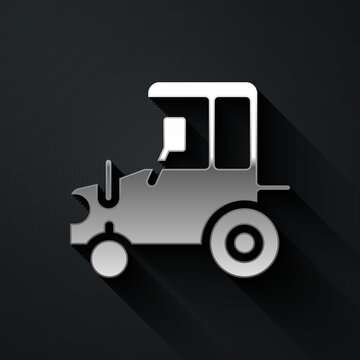 Silver Tractor icon isolated on black background. Long shadow style. Vector.