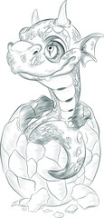 fantastic dragon hatches black and white sketch from an egg cartoon vector illustration print