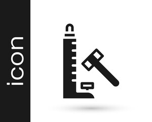 Black High striker attraction with big hammer icon isolated on white background. Attraction for measuring strength. Amusement park. Vector.